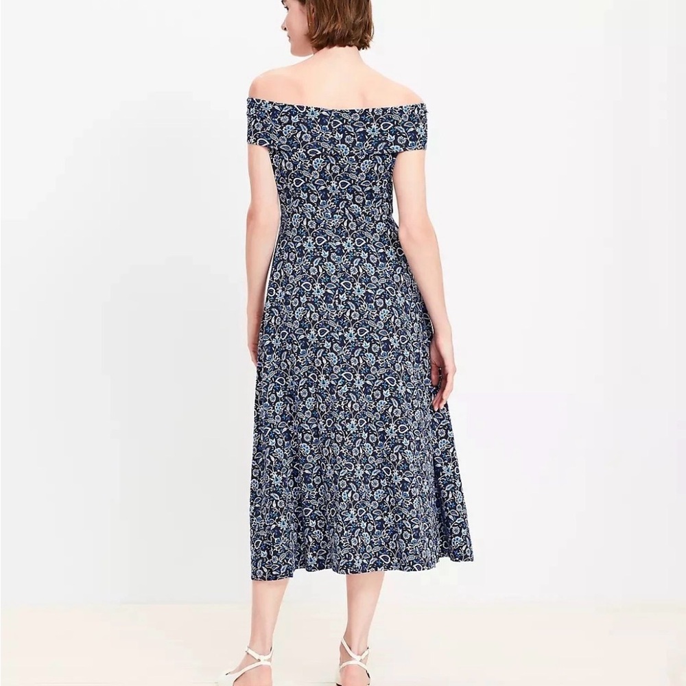 LOFT Navy Floral Off-Shoulder Midi Dress